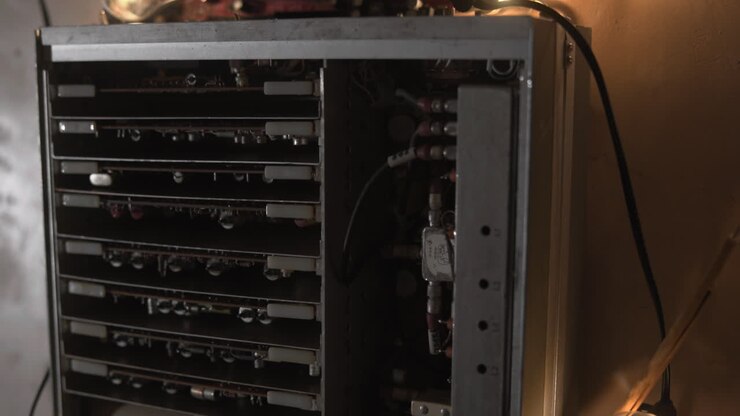 Closeup Mining Rig Rack With Bulbs Glowing Hardware Cables And Dusty GPUs In Warm Amber Light Maintenance. Media