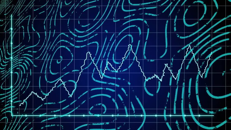 Animation of financial data processing over blue lines on black background