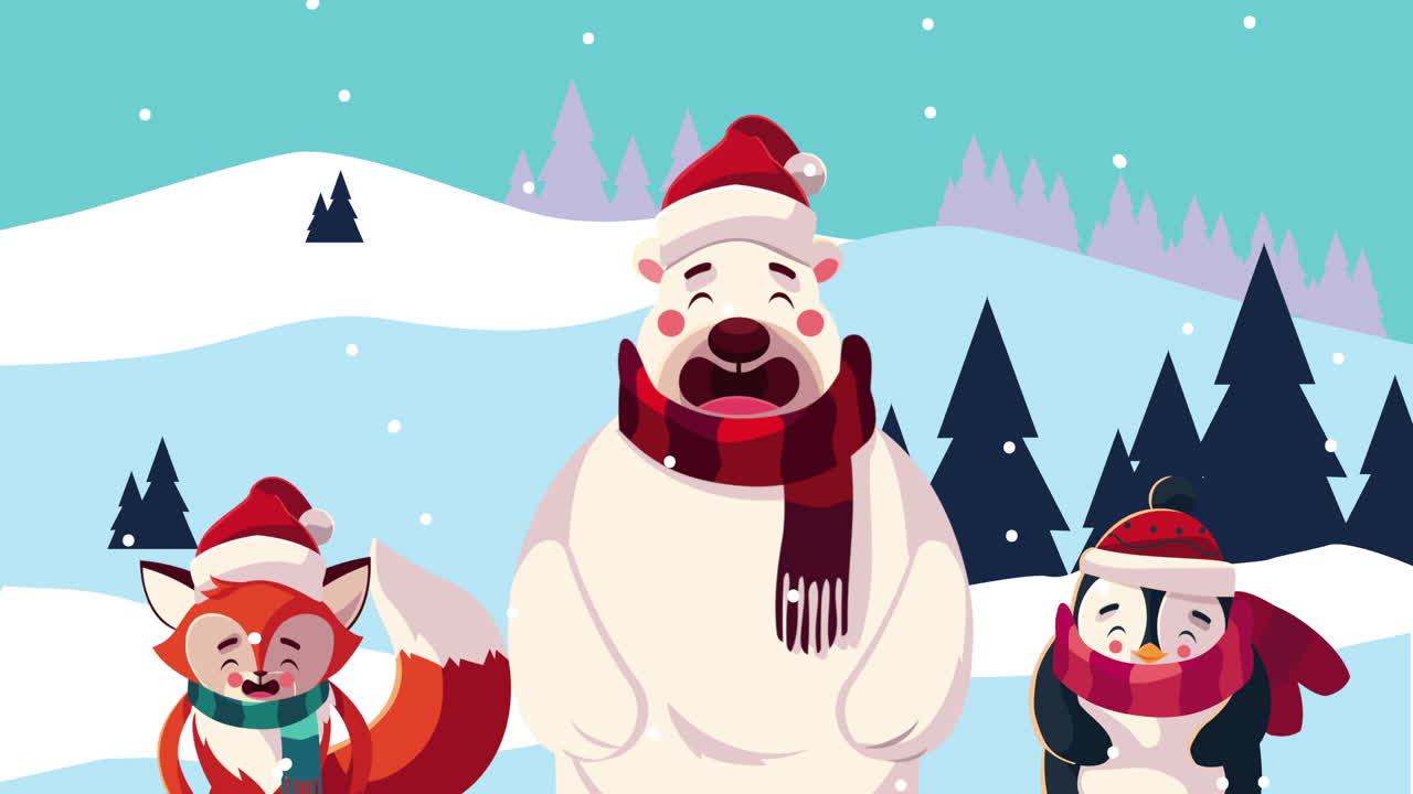 animación de navidad feliz con animales en el paisaje de nieve