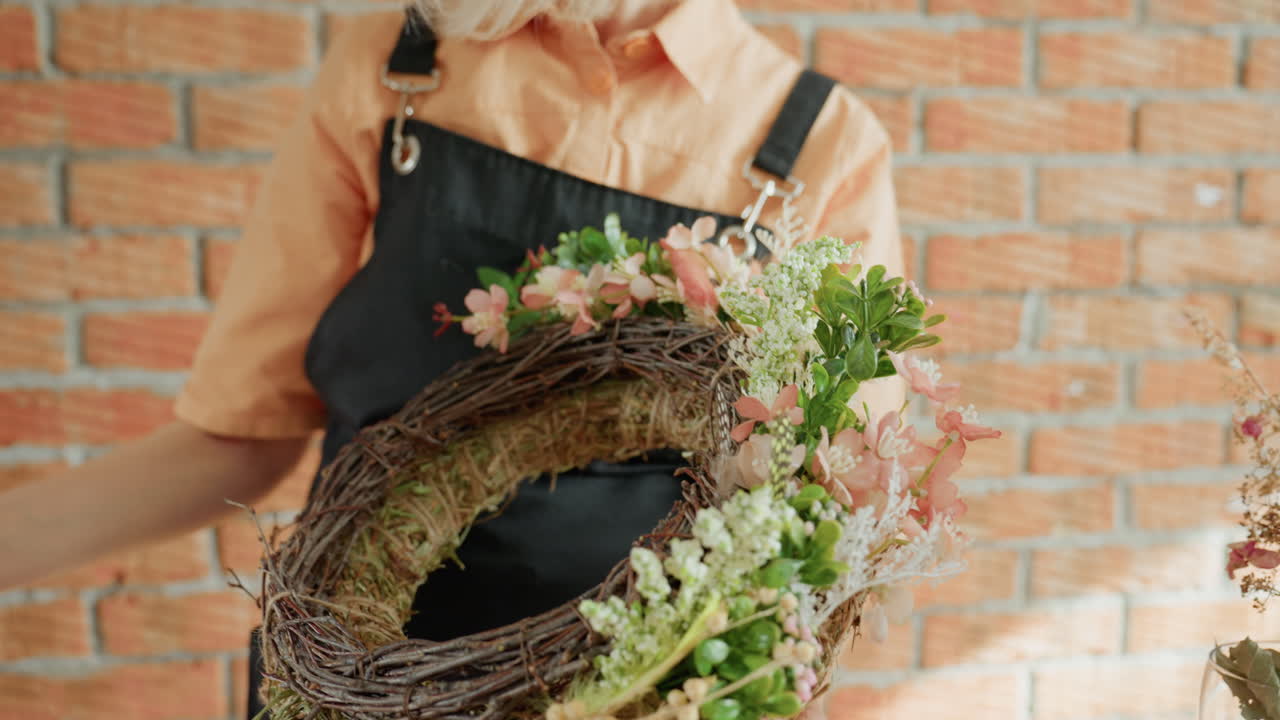Female florist in black apron arranging floral wreath with pink blossoms and green leaves, standing against rustic brick wall, focused expression, handmade craft process showing creativity workshop