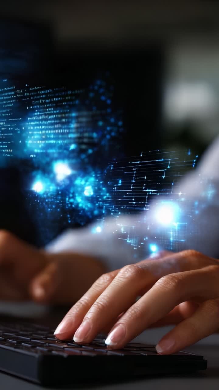 Captura de la esencia de la interacción digital: primer plano de unas manos tecleando con componentes visuales digitales dinámicos transformados en flujo de datos abstracto