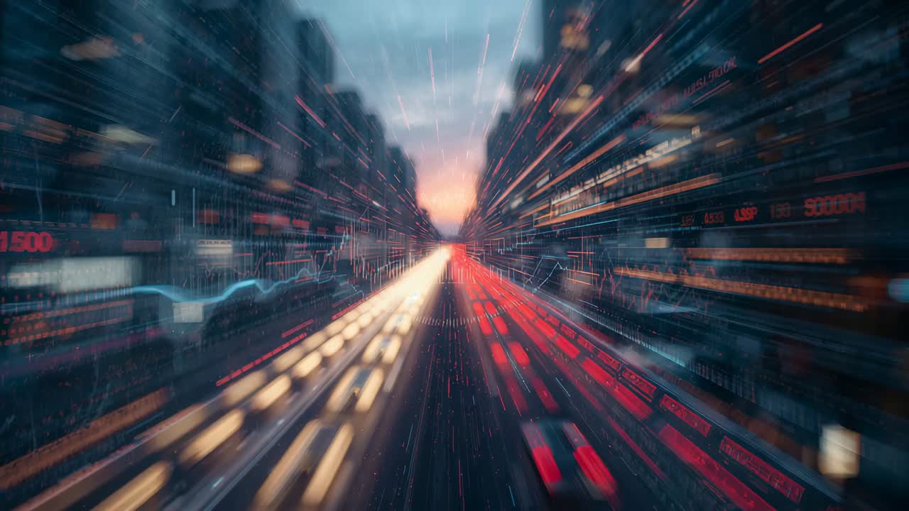 Moving camera filming urban road flowing white, red lights to sunset, with rain streaks, blue lines