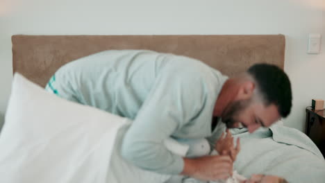 pillow fight, child and dad play in bedroom