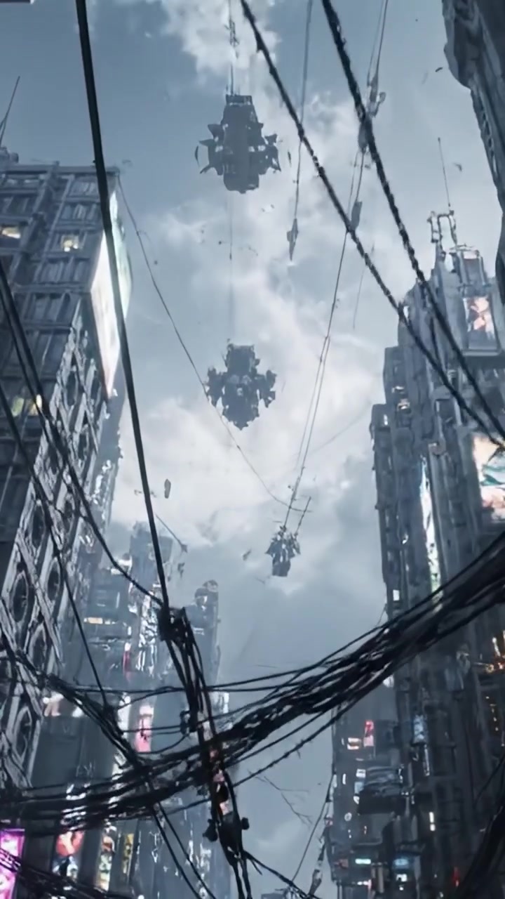 Un paesaggio urbano distopico: cavi aerei e veicoli futuristici sospesi in una metropoli cupa, piena di luci al neon e grattacieli imponenti.