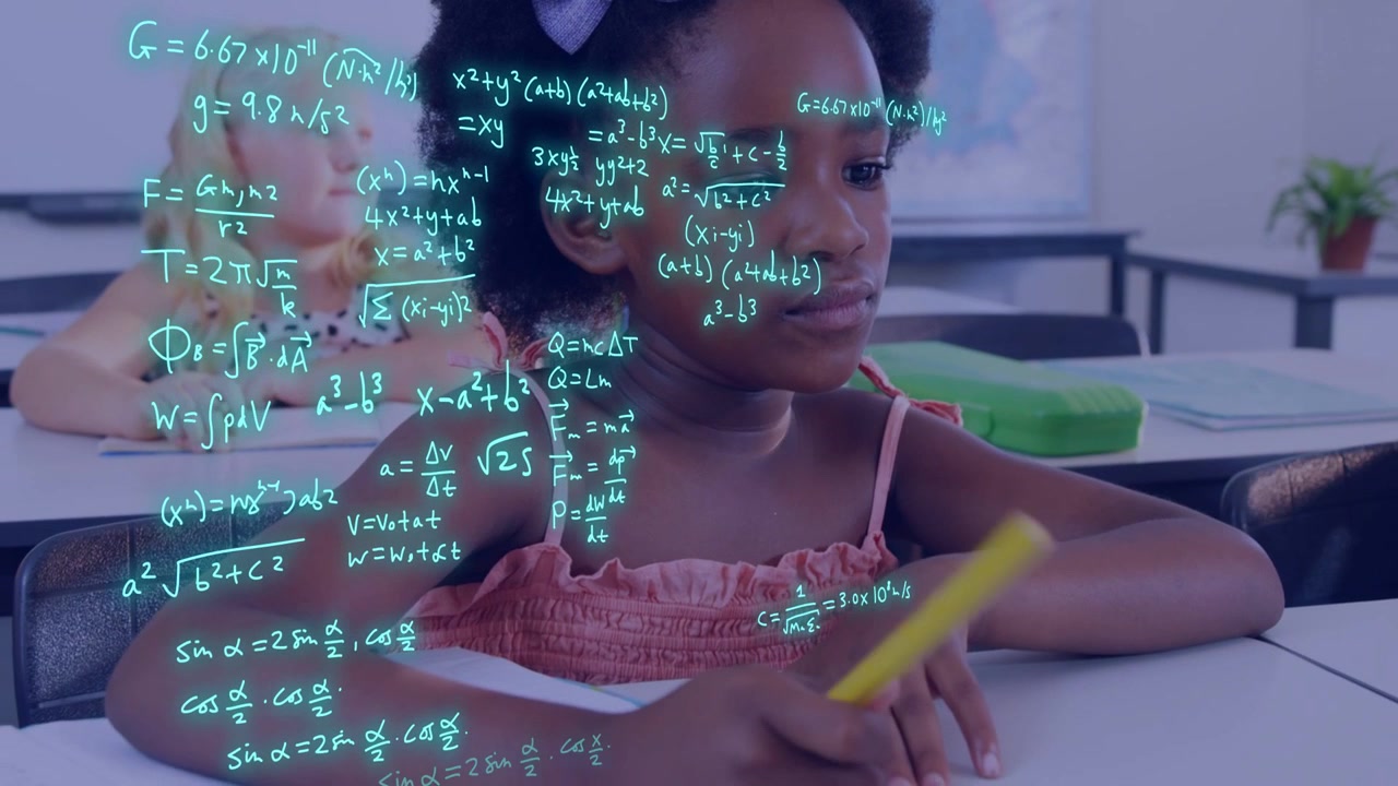 Girl writing in classroom, pencil making teal formulas drift across face, showing thought