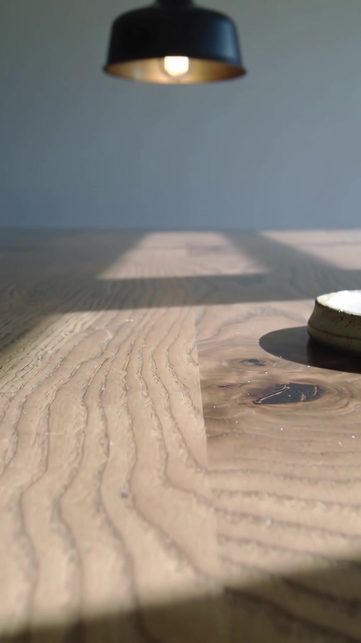 Vertical video: Shifting sunlight casting wood grain on table in room with black lamp and metal lid