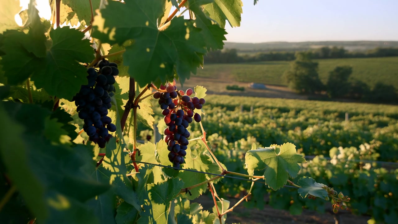 Vigneto illuminato dal sole con grappoli d'uva maturi, foglie verdi retroilluminate dal sole dorato del tardo pomeriggio su colline ondulate.