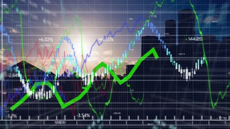 animation of financial data processing over cityscape