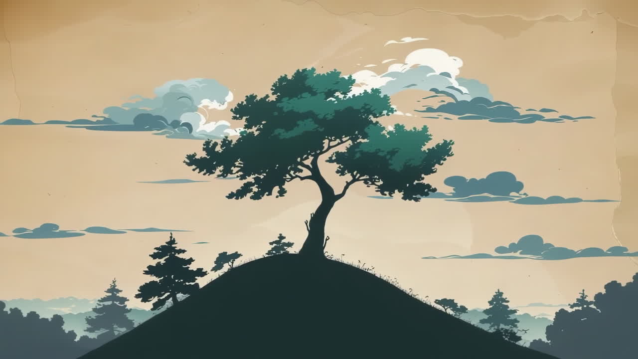 Stylized Solitary Tree on a Hill at Sunset