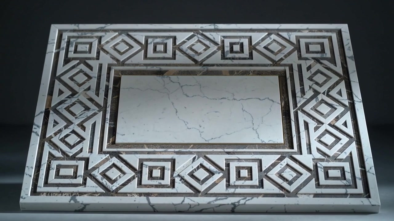 Panning camera causing marble panel pivoting on low platform in studio, revealing inlay trim