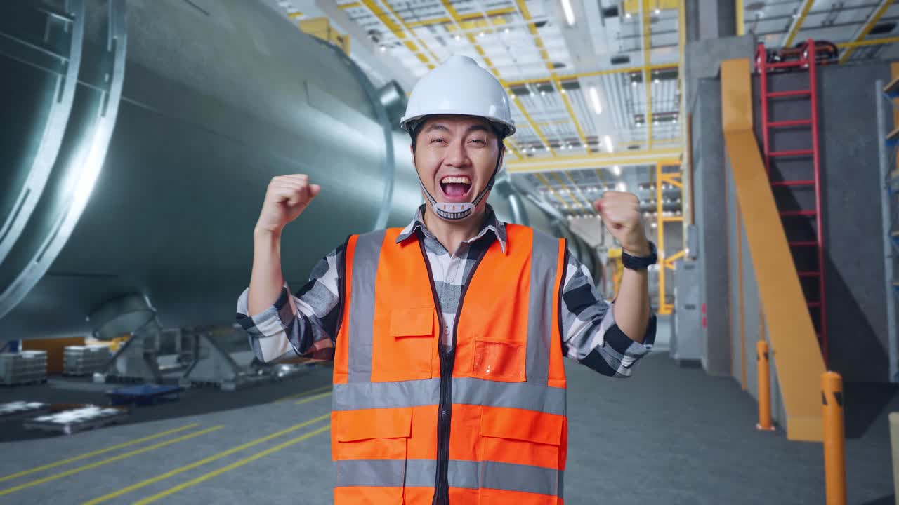 산업 시설에서 성공을 축하하는 행복한 엔지니어
