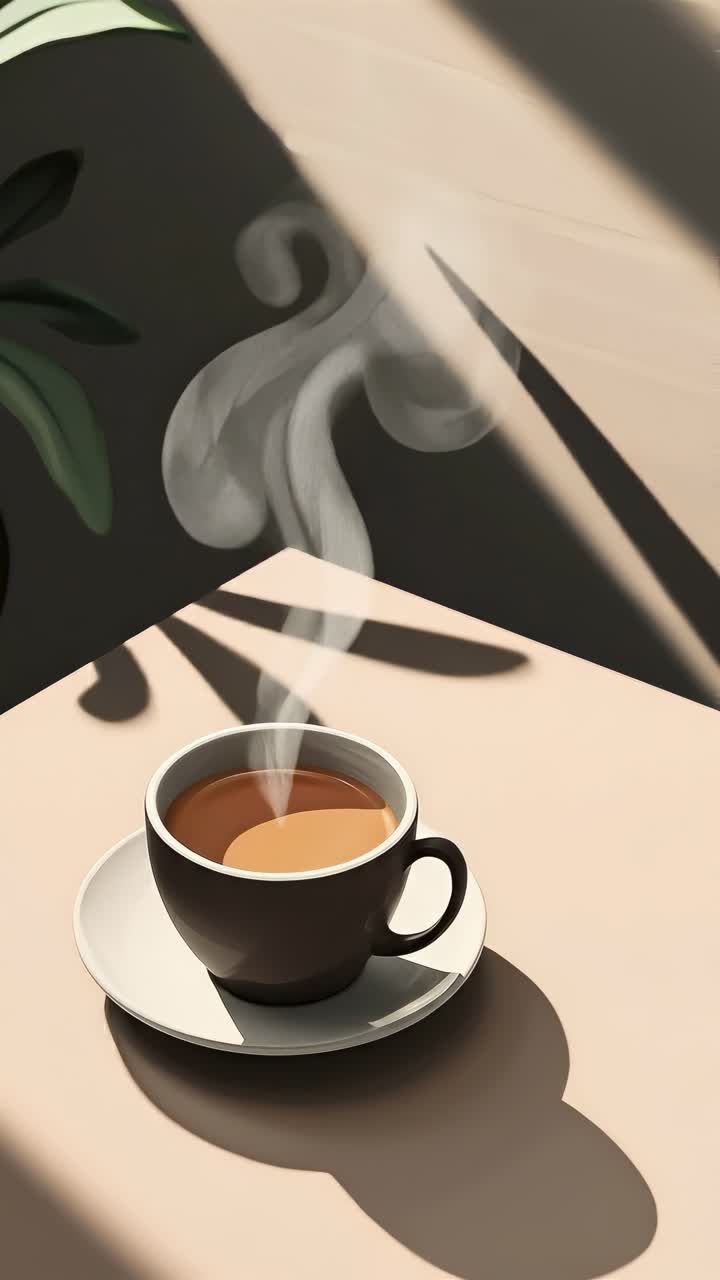 Vista dall'alto di una tazza di caffè fumante su un tavolo, che proietta ombre, perfetto per un video accogliente