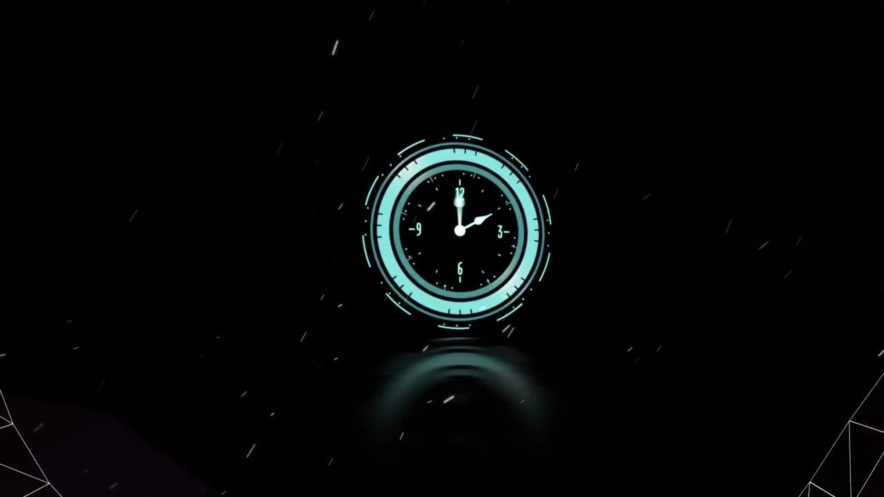 Animation of flying white specks over clock with turning hands and pink and white tunnel, on black
