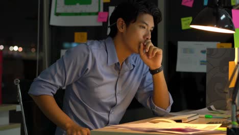 businessman hard working with desktop computer to late night at office. business people work overtime. concept of salary man.