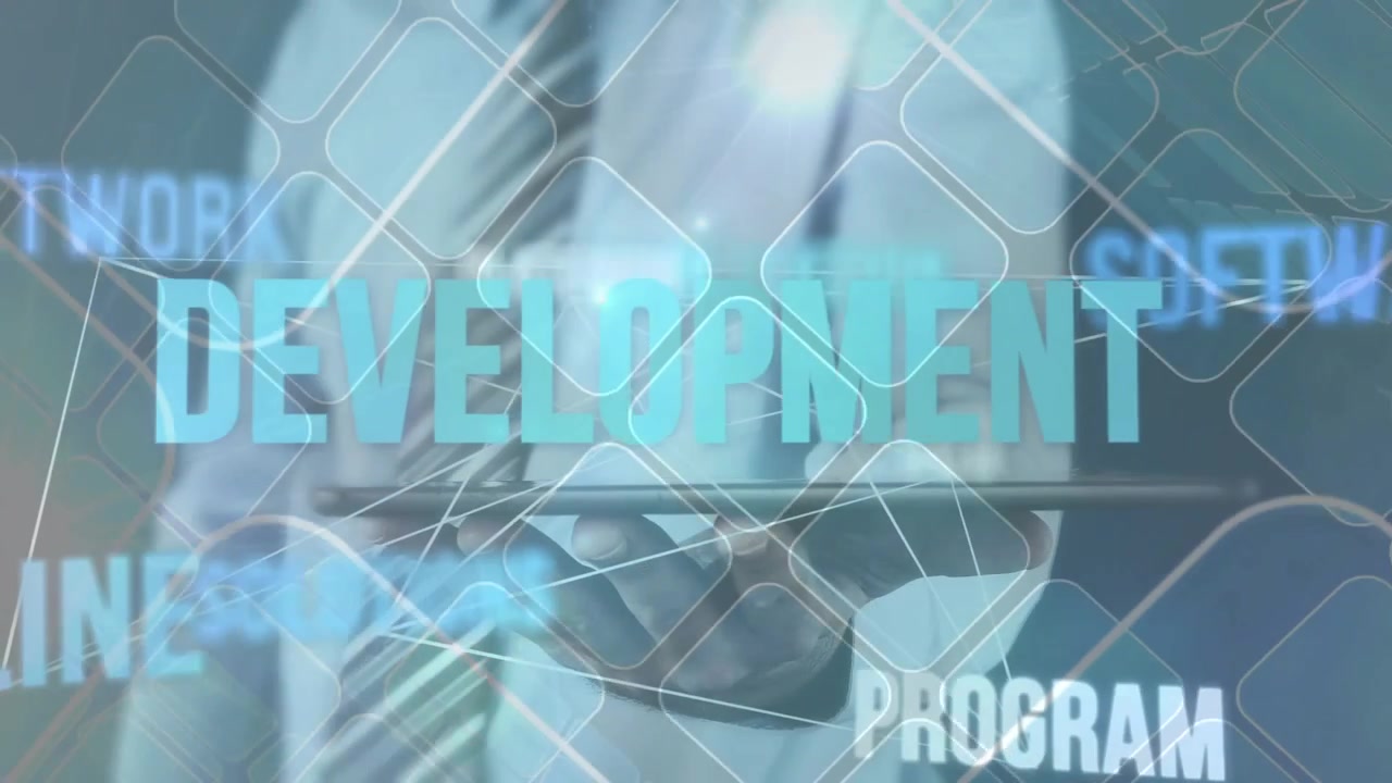 Businessman Using Digital Tablet with Animated Software Development Graphics