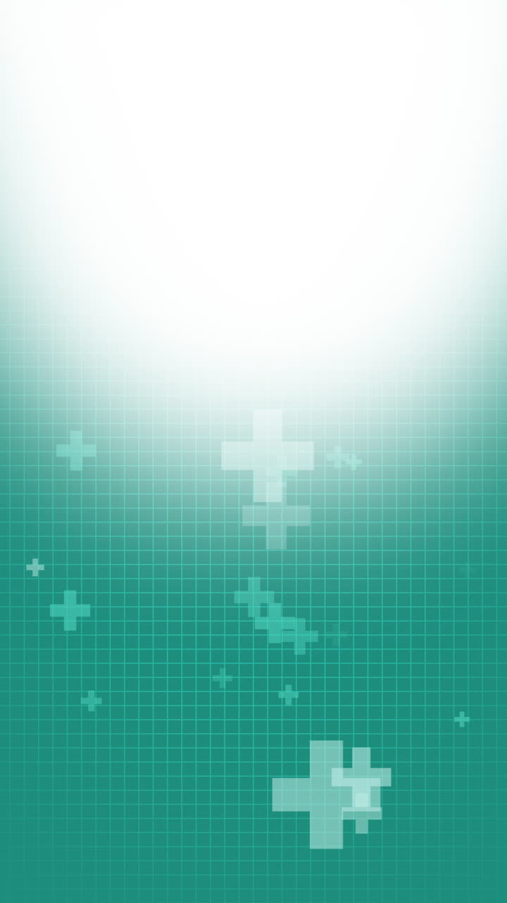 Green medical background with cross icon pattern and white empty place for text. Loop animation. Vertical video.