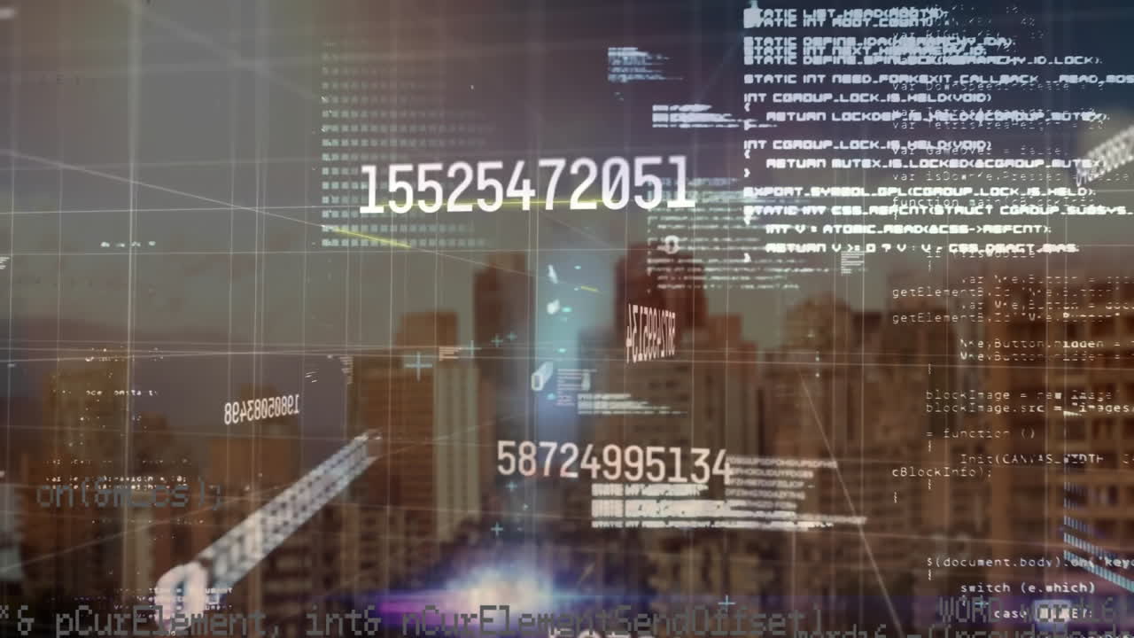 Animation of financial data processing over cityscape