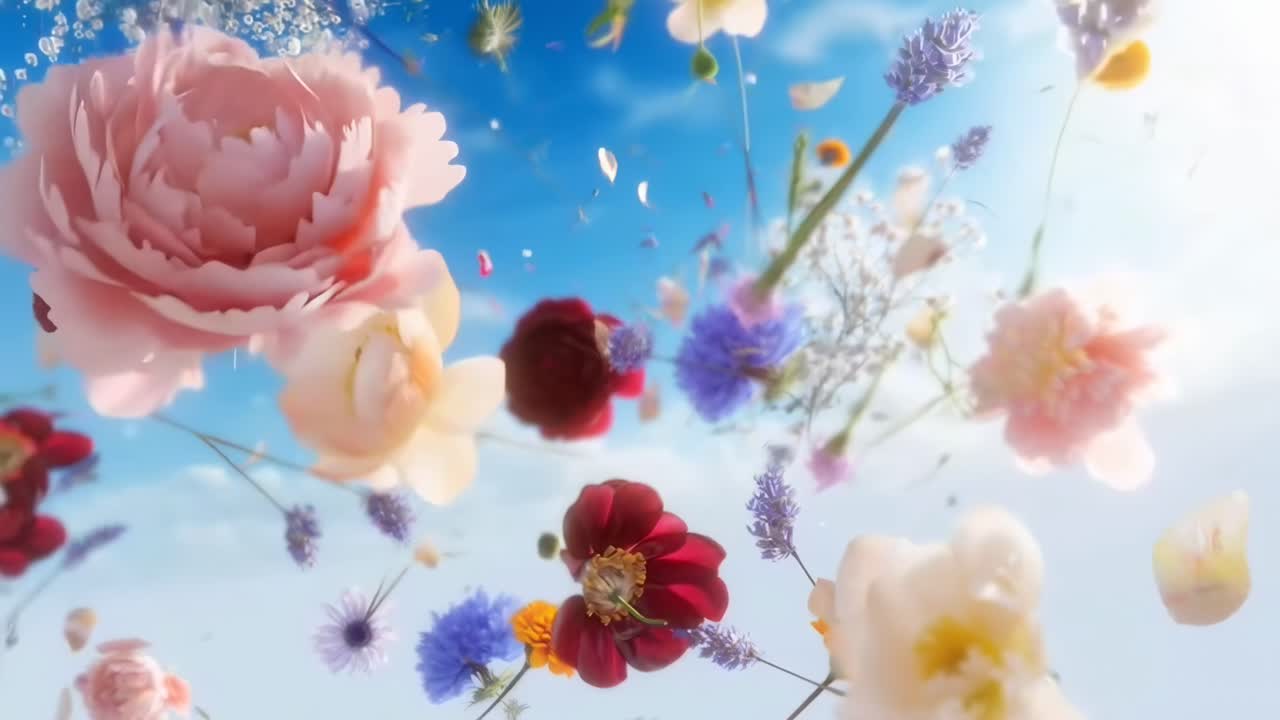 充滿活力的花朵在湛藍天空下飄浮的航拍影片，營造夢幻場景。