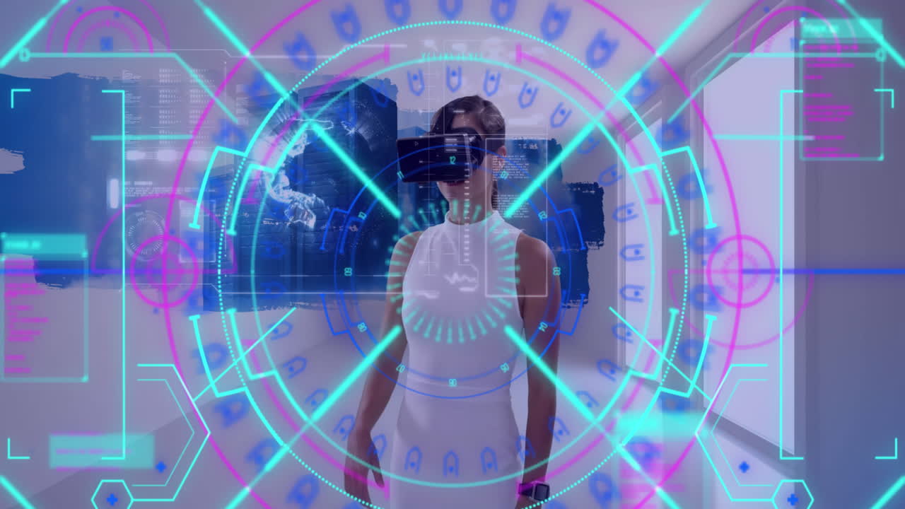 Data processing and scope scanning over woman wearing vr headset touching futuristic screen