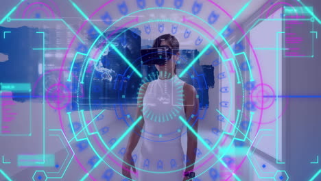 procesamiento de datos y escaneo de alcance sobre mujer usando auriculares vr tocando pantalla futurista