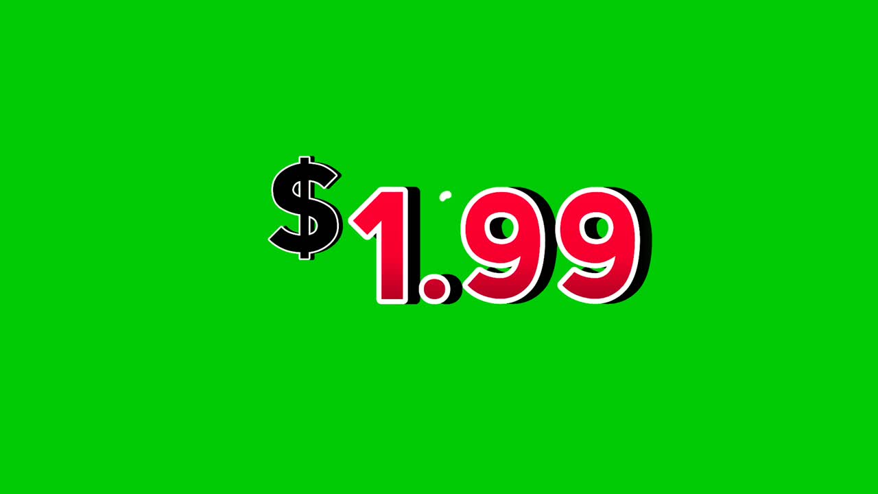$1.79 Dollars price tag animation motion graphics in bold red numbers on green screen background with smoke effects. dollar symbol is displayed prominently perfect promotions, ads, banners, marketing