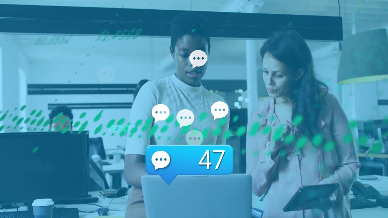 Animation of data processing over diverse business people with face masks using laptop