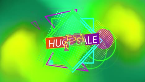 Animation-of-text-huge-sale-on-colourful-shapes,-over-pulsating-green-and-yellow-blur