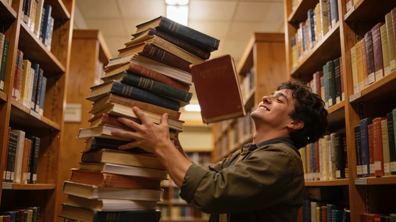Top book falling, male student wearing olive jacket catching stack to stop books falling in library