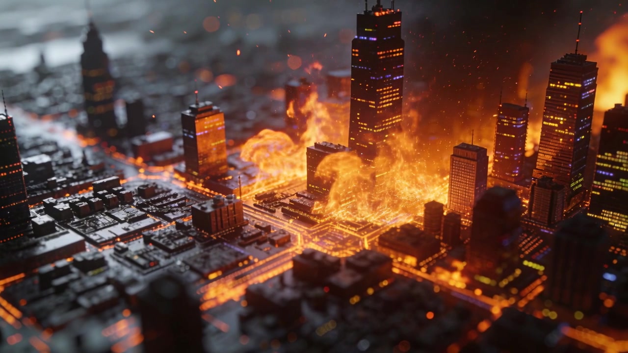 Erupting flames engulfing downtown towers at dusk, consuming blocks and spreading smoke across grid