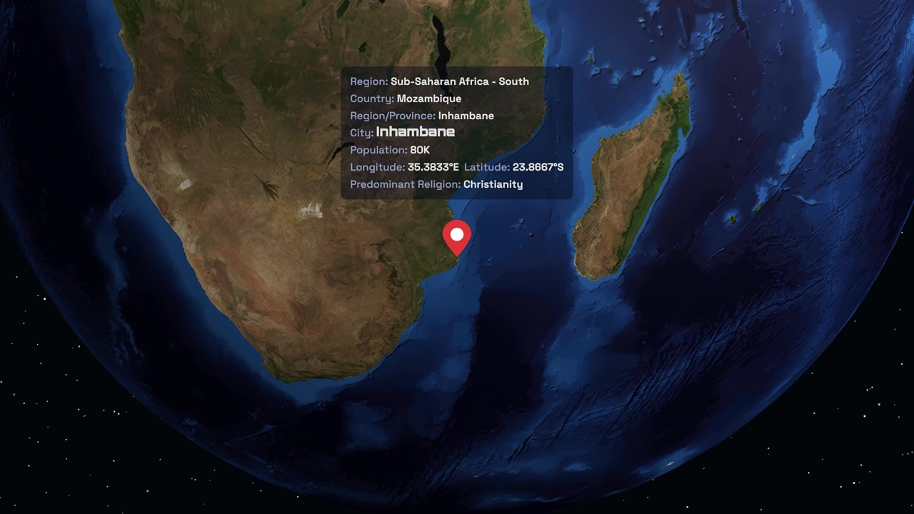 Digital globe rotates and zooms into Mozambique, displaying regional information and a location pin
