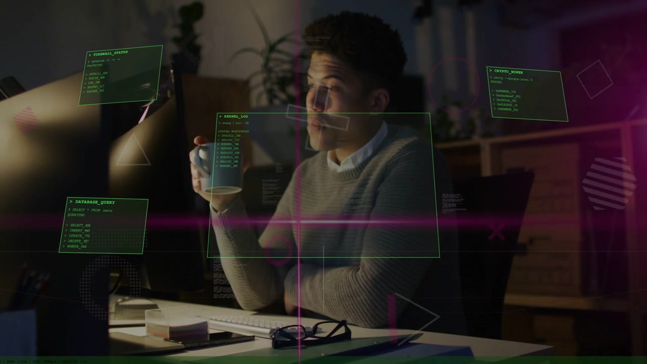 Man leaning at monitor as green HUD overlays appearing, analyzing code while sipping mug in tech