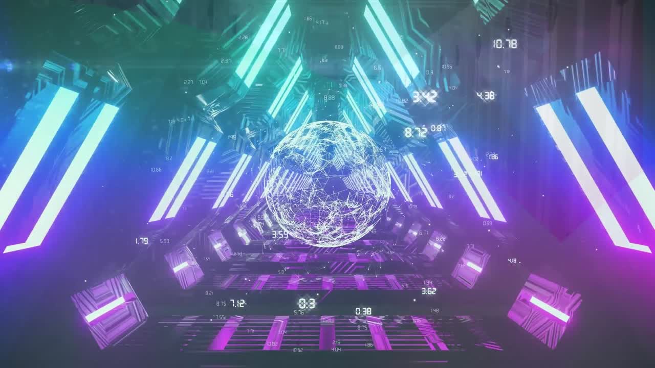 네온 디지털 터널에서 회전하는 지구와 숫자의 애니메이션