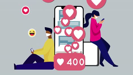 heart icons floating with increasing numbers against man and woman icons using smartphones