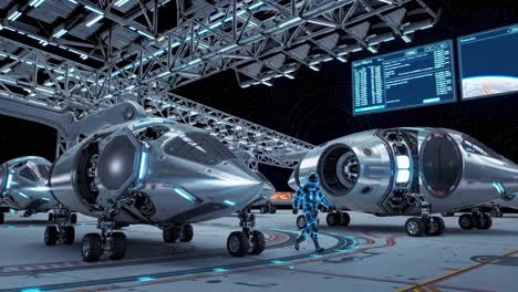 futuristic spaceships in a space hangar