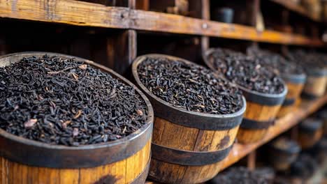 black tea in wooden barrels