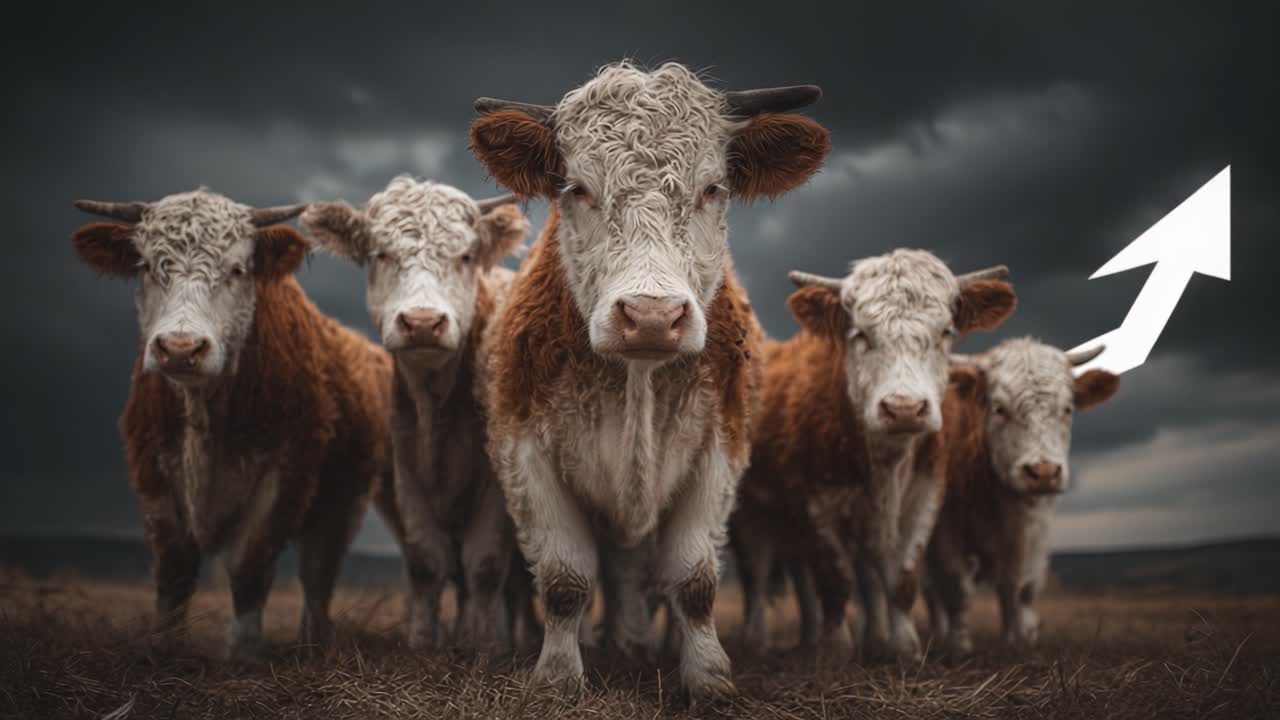 A Herd of Cattle Stands Majestically Against a Dramatic Sky, Emphasizing the Strength and Beauty of Livestock in Nature's Chaotic Environment
