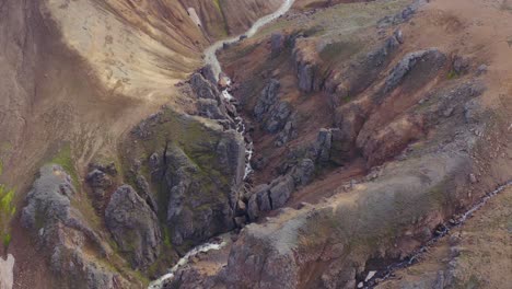 rugged badlands with rocky jagged cliff canyon in iceland, river through highlands