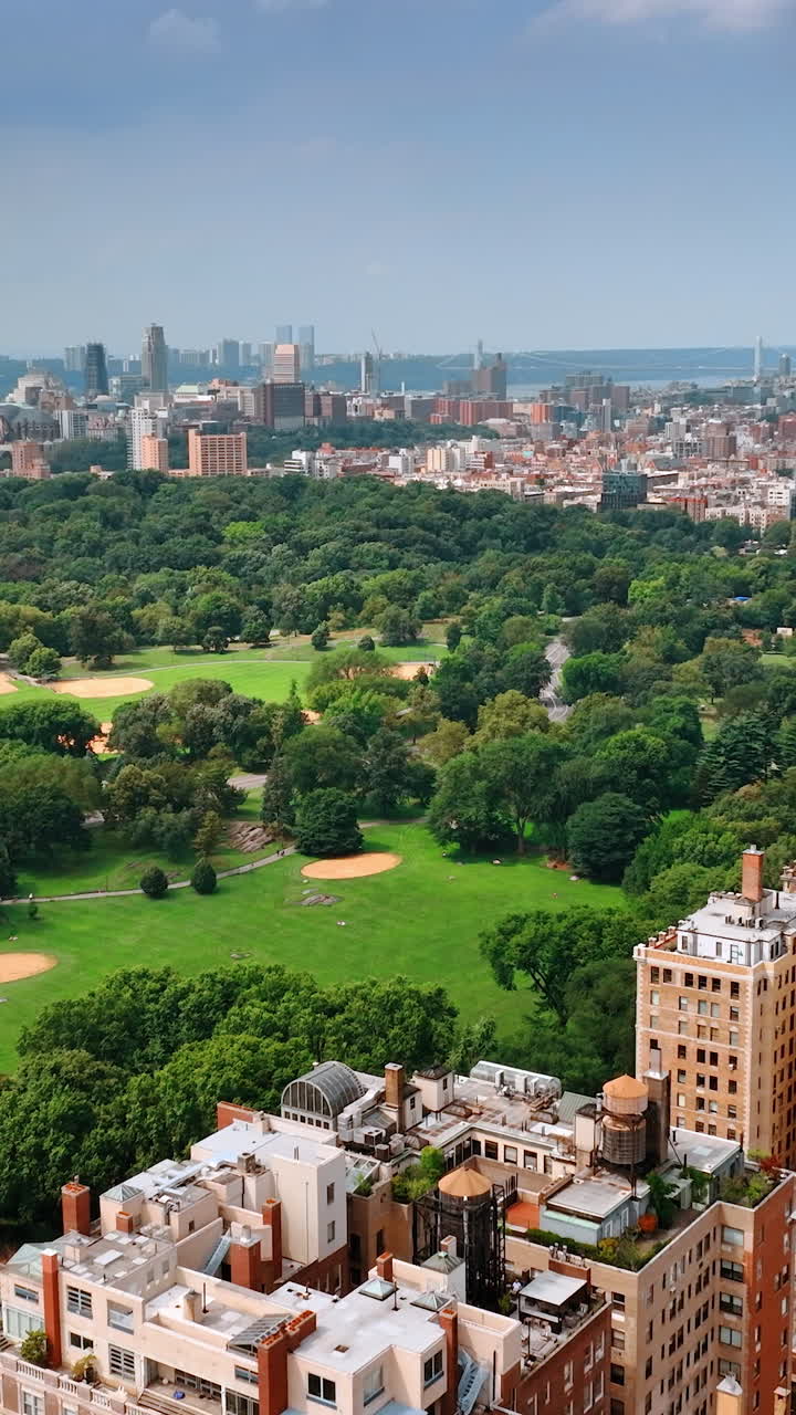 Beautiful green park and great architecture of New York. Sunny scenery of a wonderful metropolis from top perspective. Vertical video