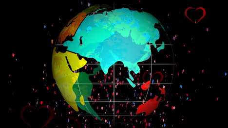 animación de globo y confeti con corazones rojos