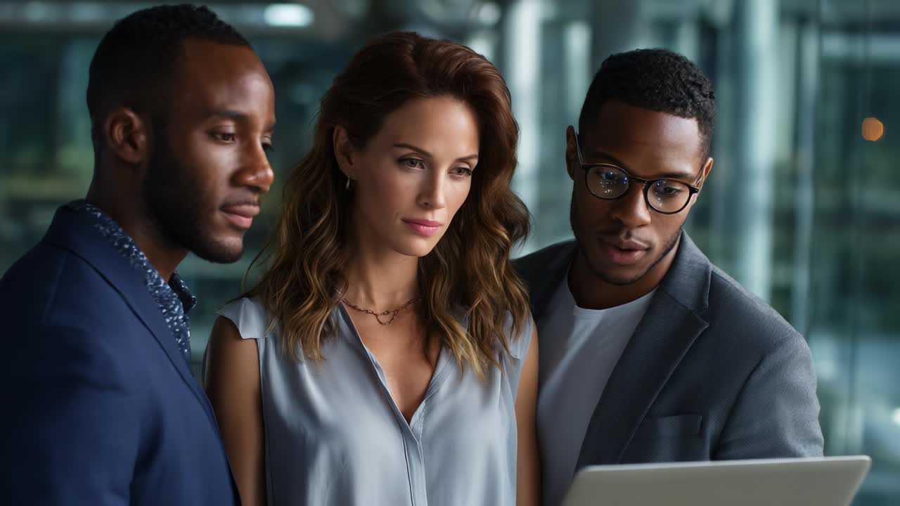 Team Collaboration: Three Professionals Engaged in a Productive Discussion Over a Laptop in a Modern Workspace, Showcasing Teamwork and Mutual Interest in Their Project's Progress