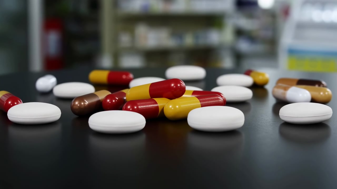Capsule rosse, gialle, marroni e bianche sono disposte tra compresse ovali bianche su una superficie scura lucida, mentre scaffali di medicinali sfocati riempiono lo sfondo luminoso interno