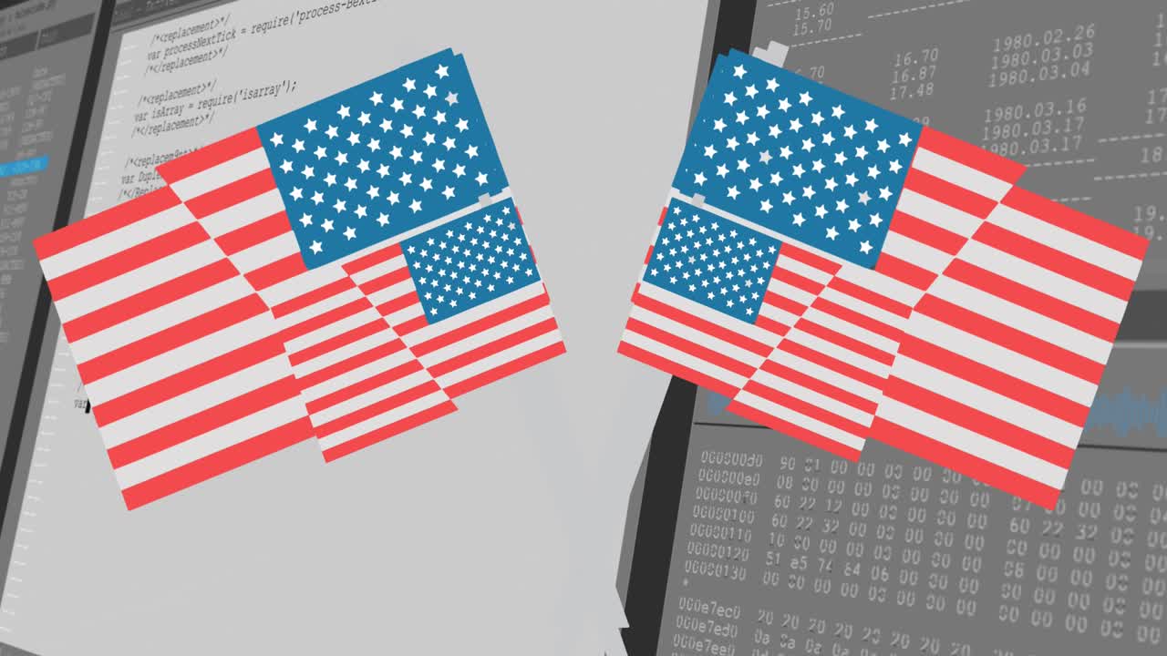 Animação de processamento de dados sobre bandeiras americanas.