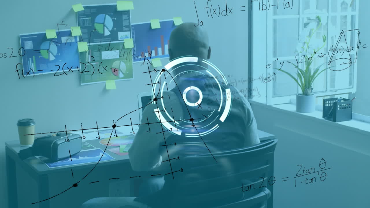 둥근 스캐너와 수학 방정식은 사무실에서 일하는 아프리카계 미국인 남자에 대해 떠다니고 있습니다.