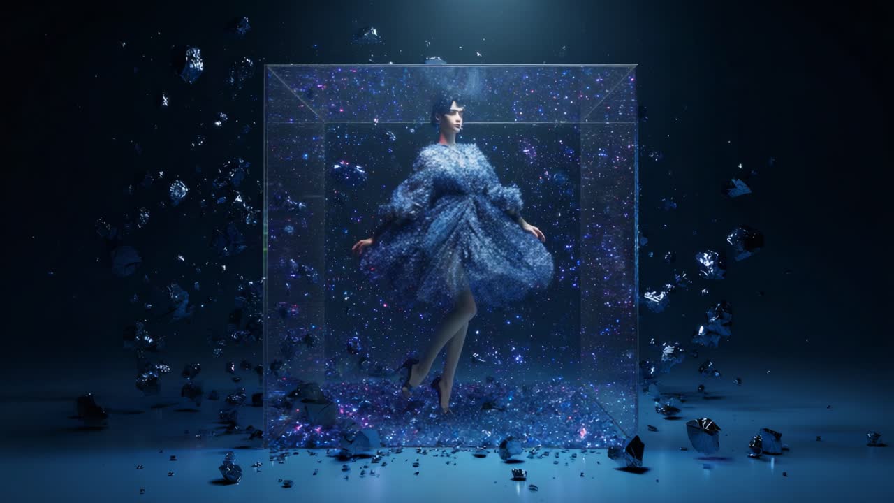 Woman in a Dress Inside a Cube Surrounded by Glitter