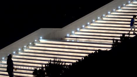 little boy and two young women striding up illuminated fairytale staircase