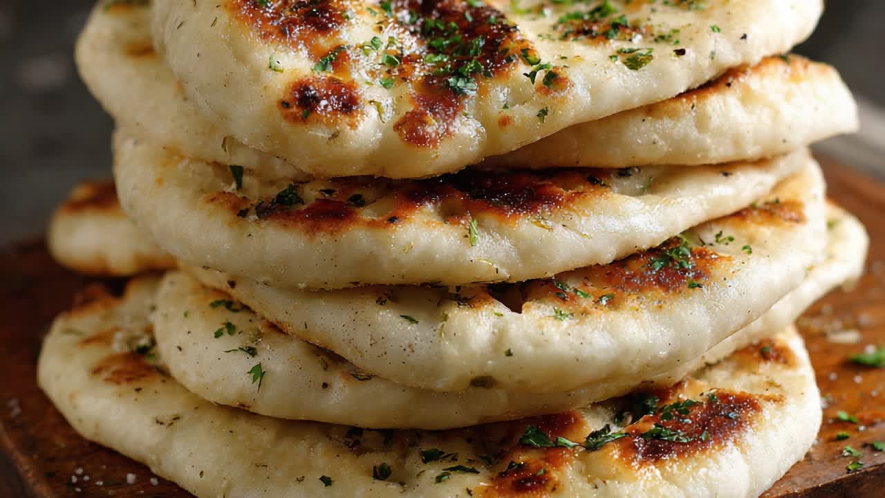 Deliciously Grilled Naan Bread Stacked High with Fresh Herbs, Showcasing Perfectly Crispy Edges and Soft Texture, Ideal for Sauces and Dips