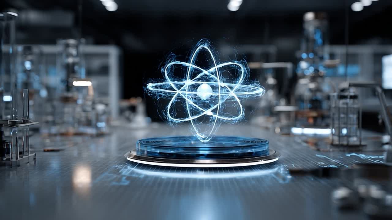 Fütüristik bir laboratuvar masasında bir atomun dijital temsili