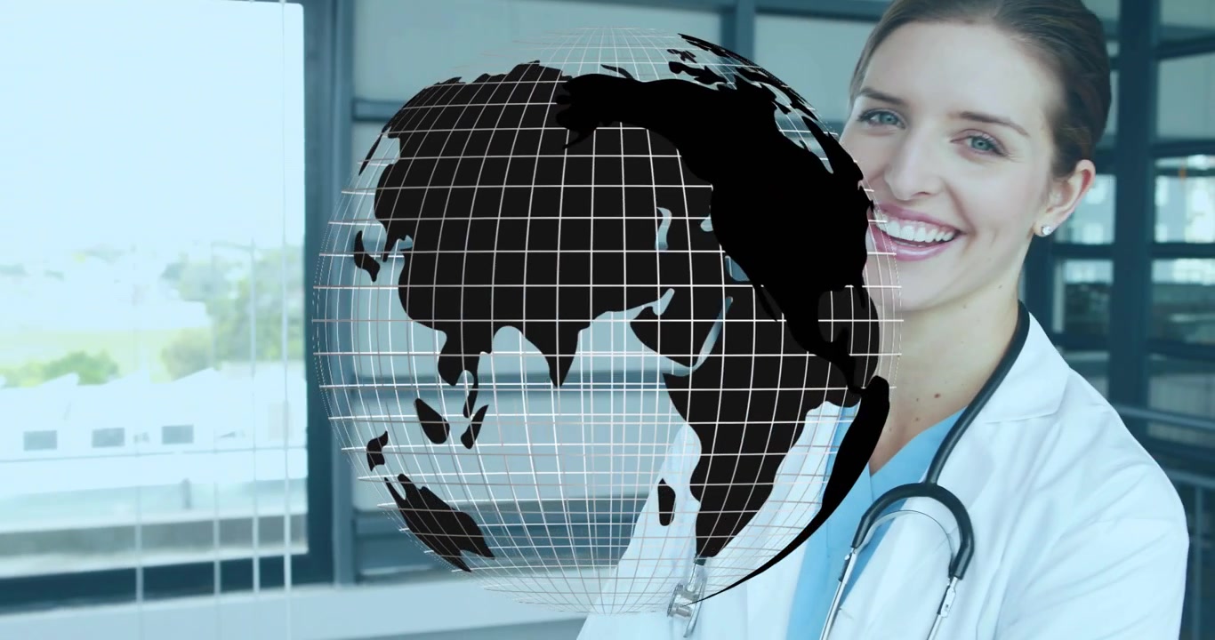 Médica com Estetoscópio Sorrindo, Globo Aparecendo Girando Revelando Rosto Mostrando Saúde Global