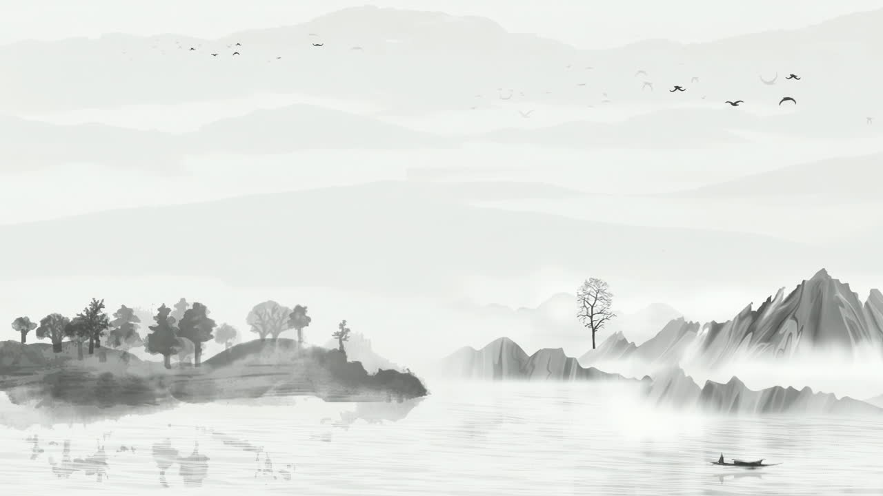 아름다운 아침 하늘, 산, 꽃, 호수, 고대 집의 환상적인 밝은 분위기 풍경, 간단한 애니메이션과 함께 일본어 중국 애니메이션 수채화 스타일