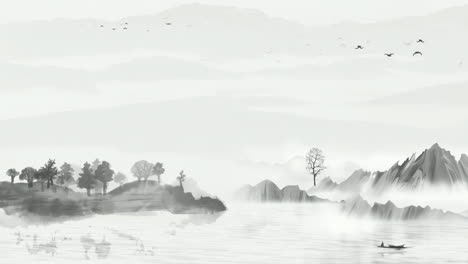 아름다운 아침 하늘, 산, 꽃, 호수, 고대 집의 환상적인 밝은 분위기 풍경, 간단한 애니메이션과 함께 일본어 중국 애니메이션 수채화 스타일
